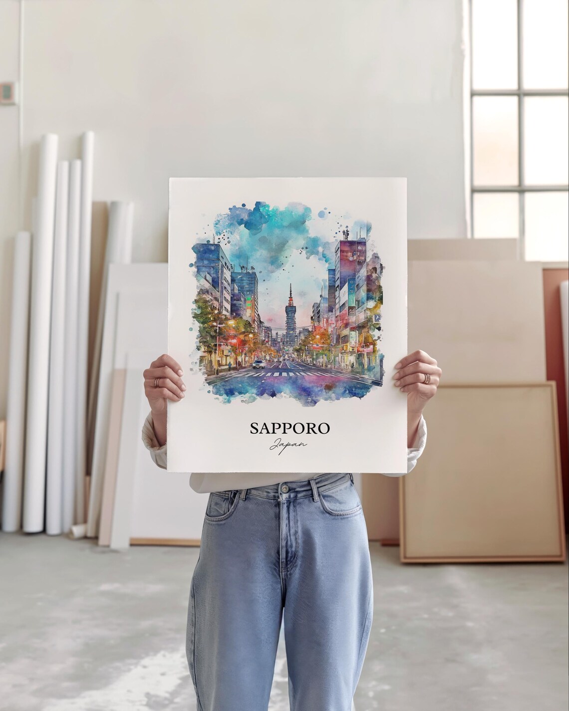 Sapporo Japan Watercolor City Street Tower Landmark View Poster - Image 4