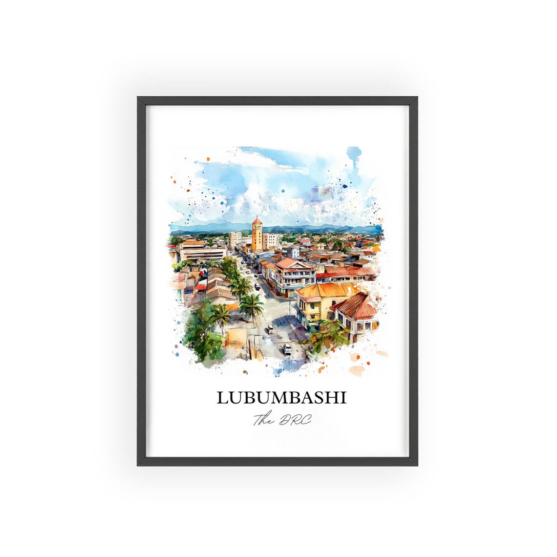 Lubumbashi Congo Watercolor City Clock Tower Gift Art Poster - Image 2