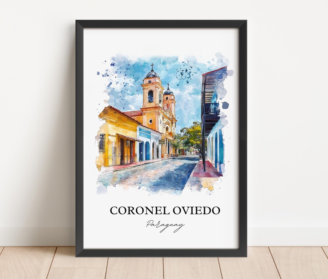 Coronel Oviedo Paraguay Watercolor Church Colonial Street Poster - Image 5