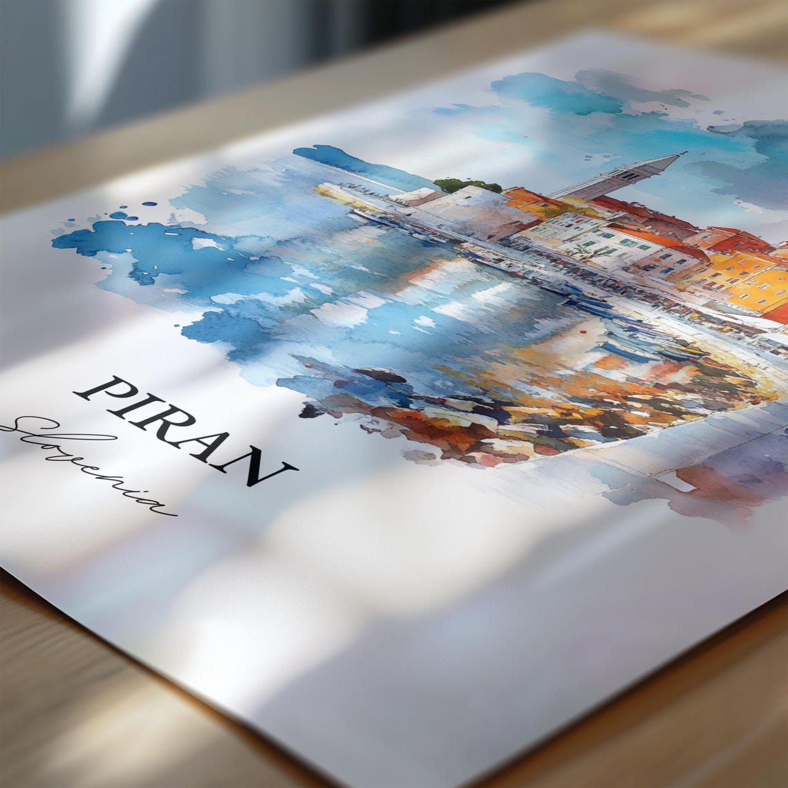 Piran Slovenia Watercolor Coastal Old Town Bell Tower Harbor Poster - Image 6