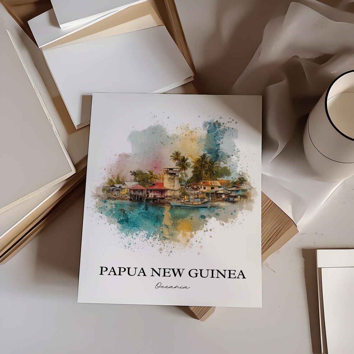 Papua New Guinea Oceania Coastal Village Watercolor Art Poster - Image 4