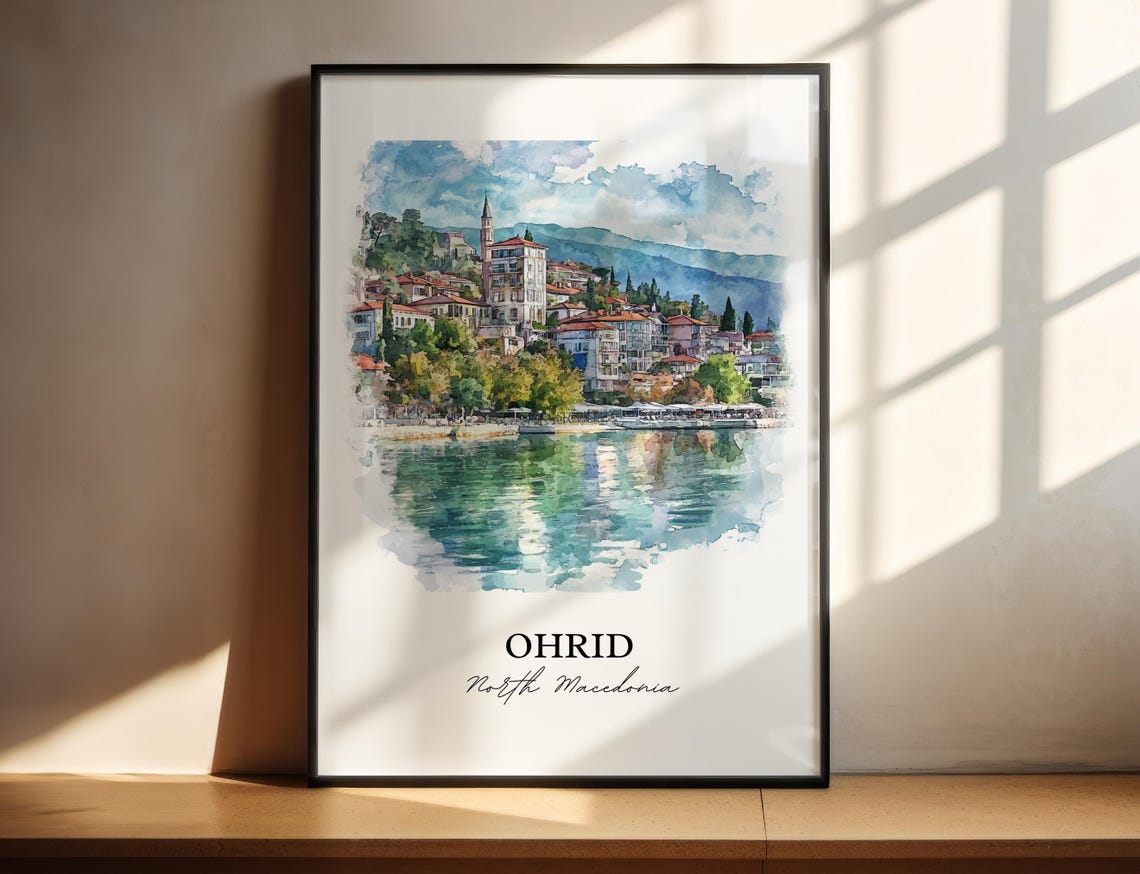 Ohrid North Macedonia Watercolor Lakeside Old Town View Poster