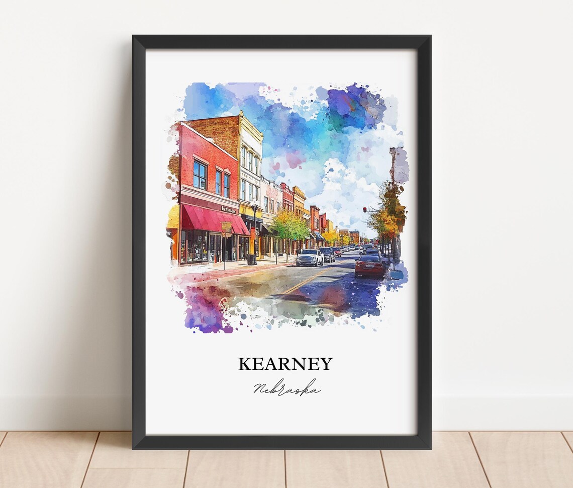 Kearney Nebraska Vibrant Downtown Street Scene Watercolor Poster - Image 5