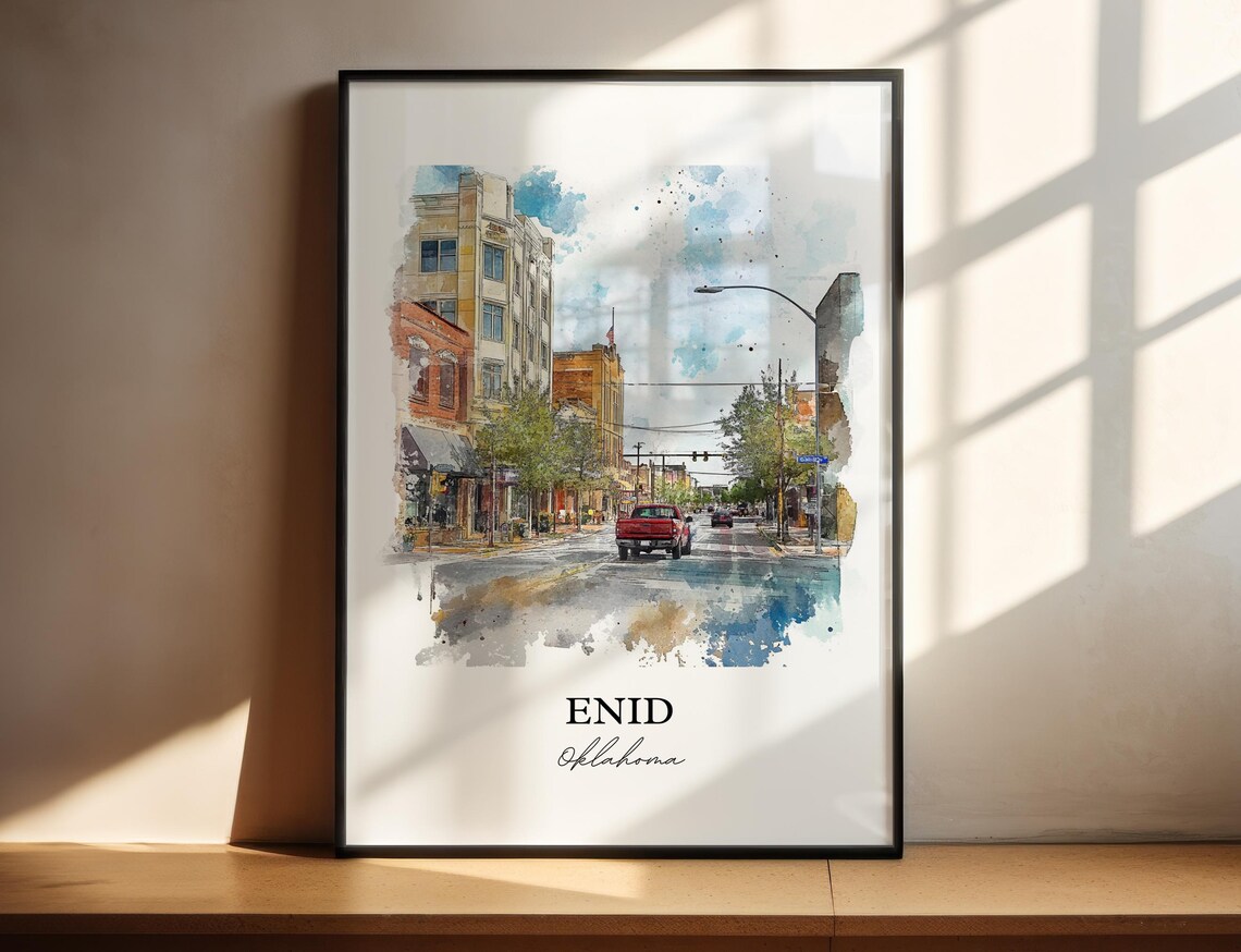 Enid Oklahoma Historic Downtown Watercolor Street Art Poster