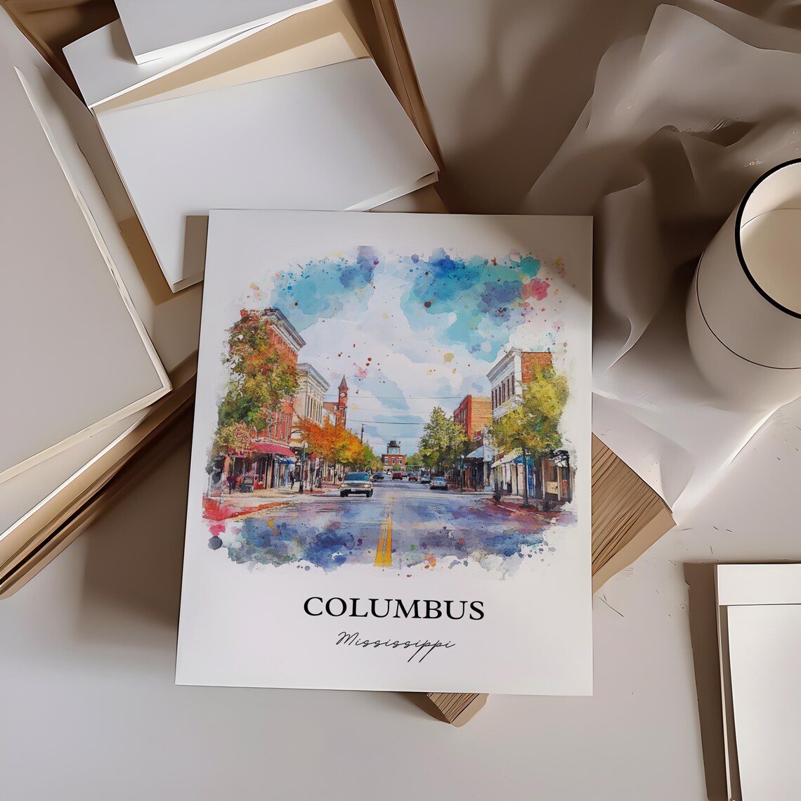Columbus Mississippi Colorful Downtown Street Watercolor Poster - Image 4