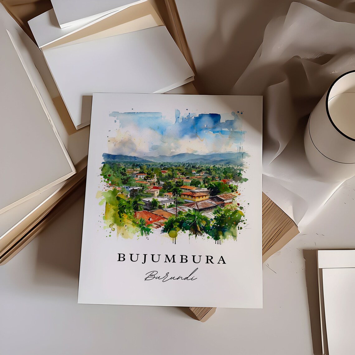 Bujumbura Burundi Lakeside City Panorama Watercolor Travel Poster - Image 6