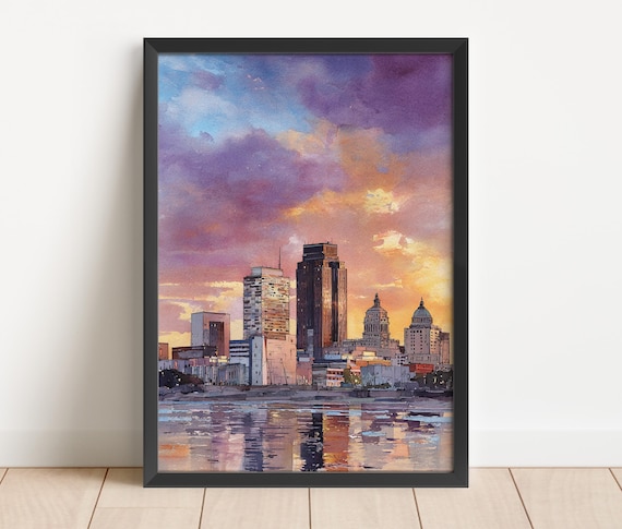 Des Moines Iowa Sunset Skyline River Reflection Watercolor Poster