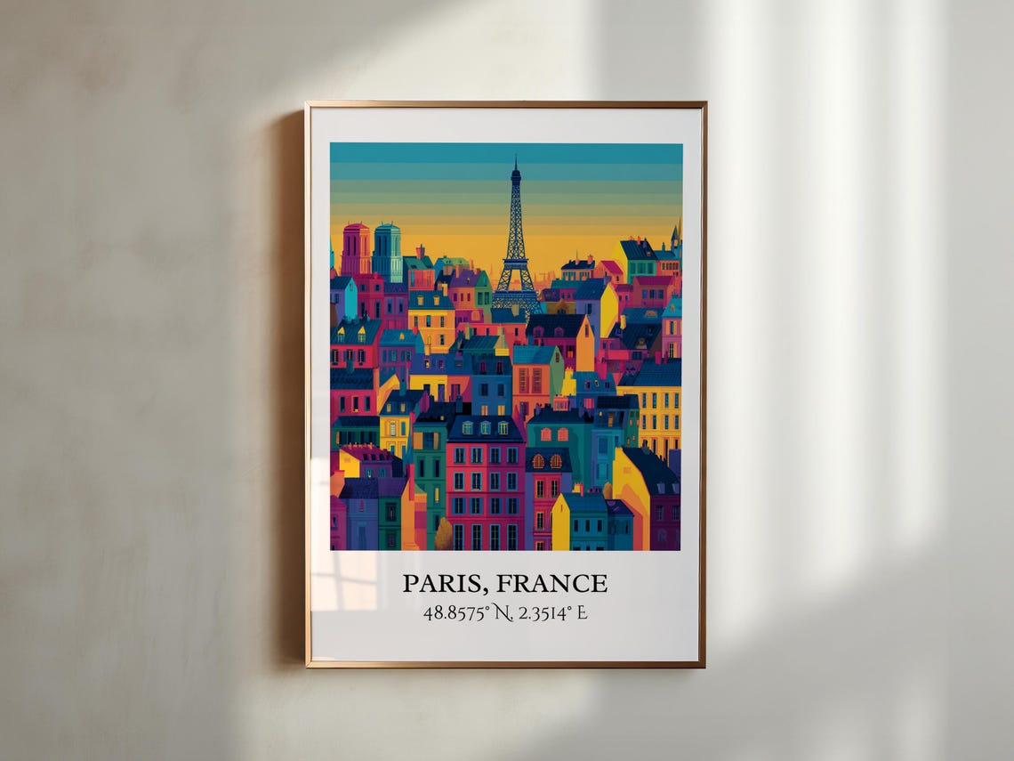 Paris France Eiffel Tower Colorful Rooftops Retro Travel Art Poster - Image 5
