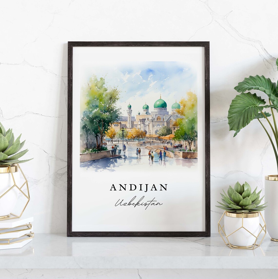 Andijan Uzbekistan Watercolor Green Domed Mosque Plaza Poster - Image 3