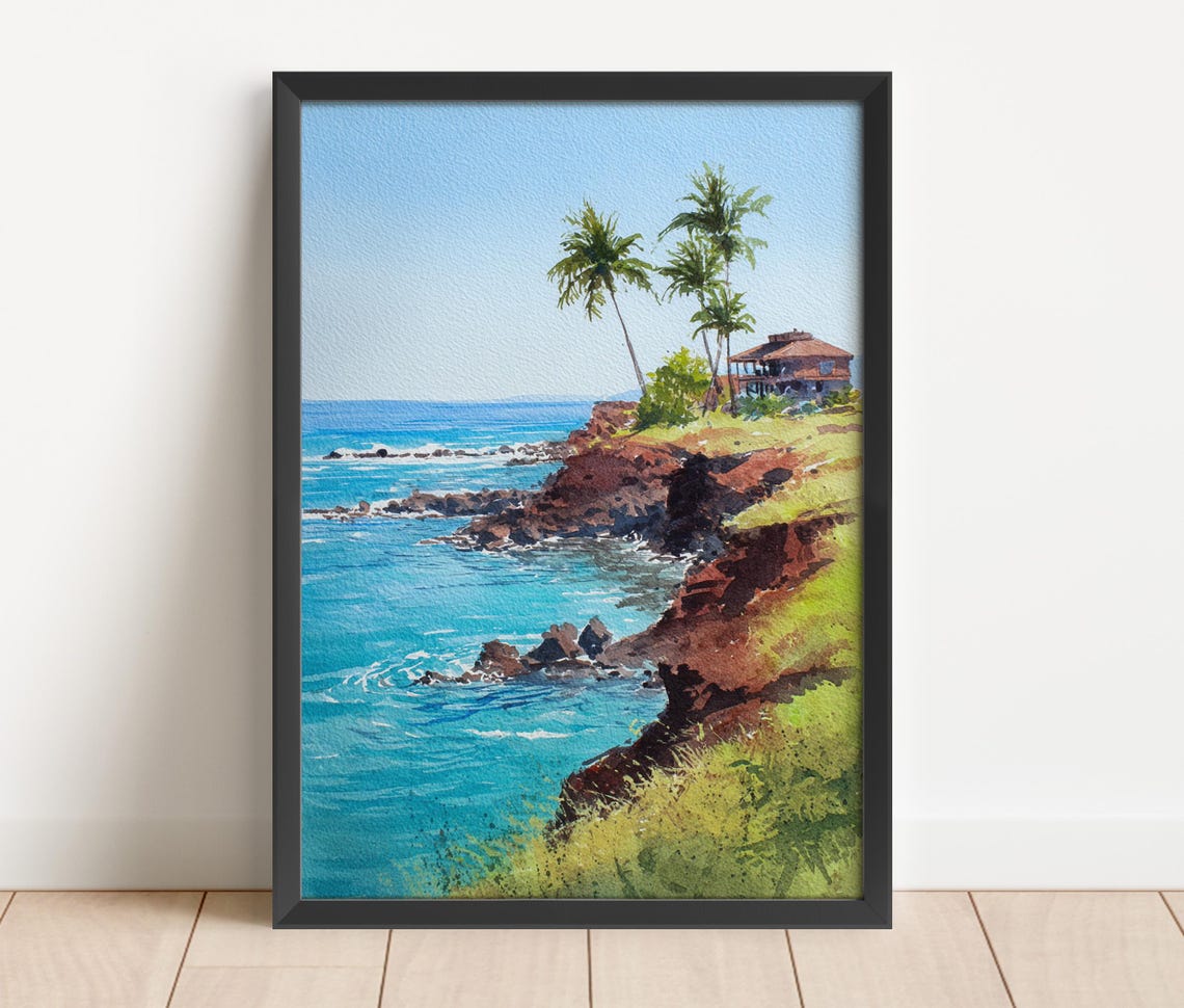 Lanai Hawaii Red Cliffs Ocean Palm Trees Watercolor Poster Art