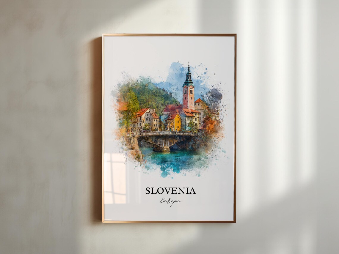 Slovenia Europe Riverside Church Tower Watercolor Travel Poster - Image 5