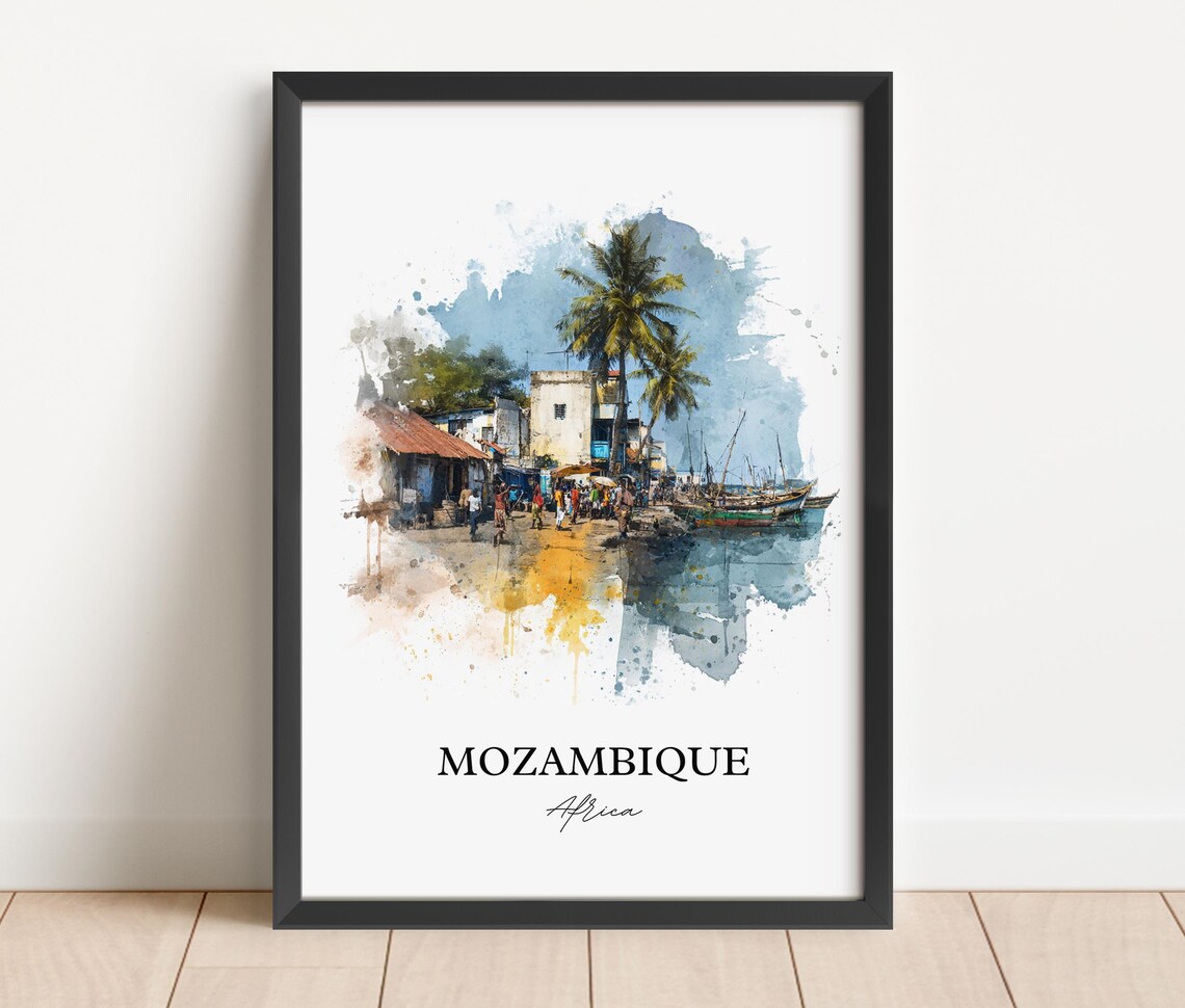 Mozambique Africa Palm Fishing Harbor Village Watercolor Poster - Image 2