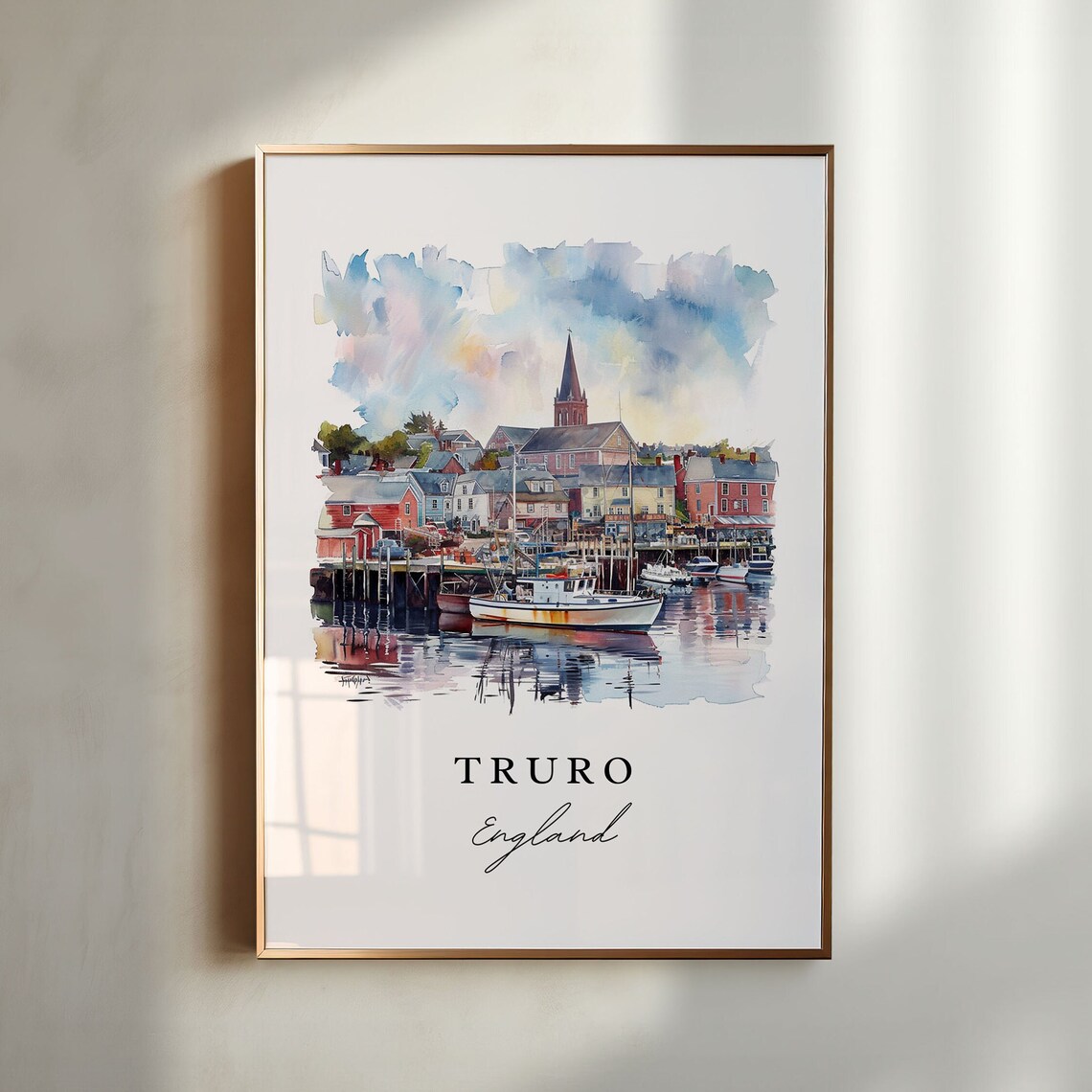 Truro England Historic Harbor Boats Watercolor Coastal Travel Poster