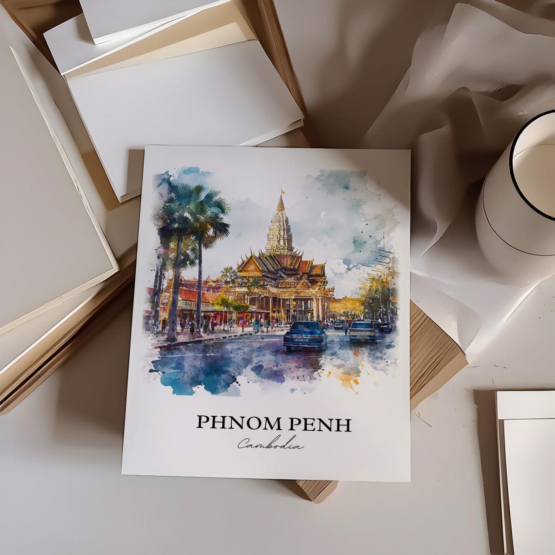 Phnom Penh Cambodia Watercolor Golden Temple Street Scene Poster - Image 3