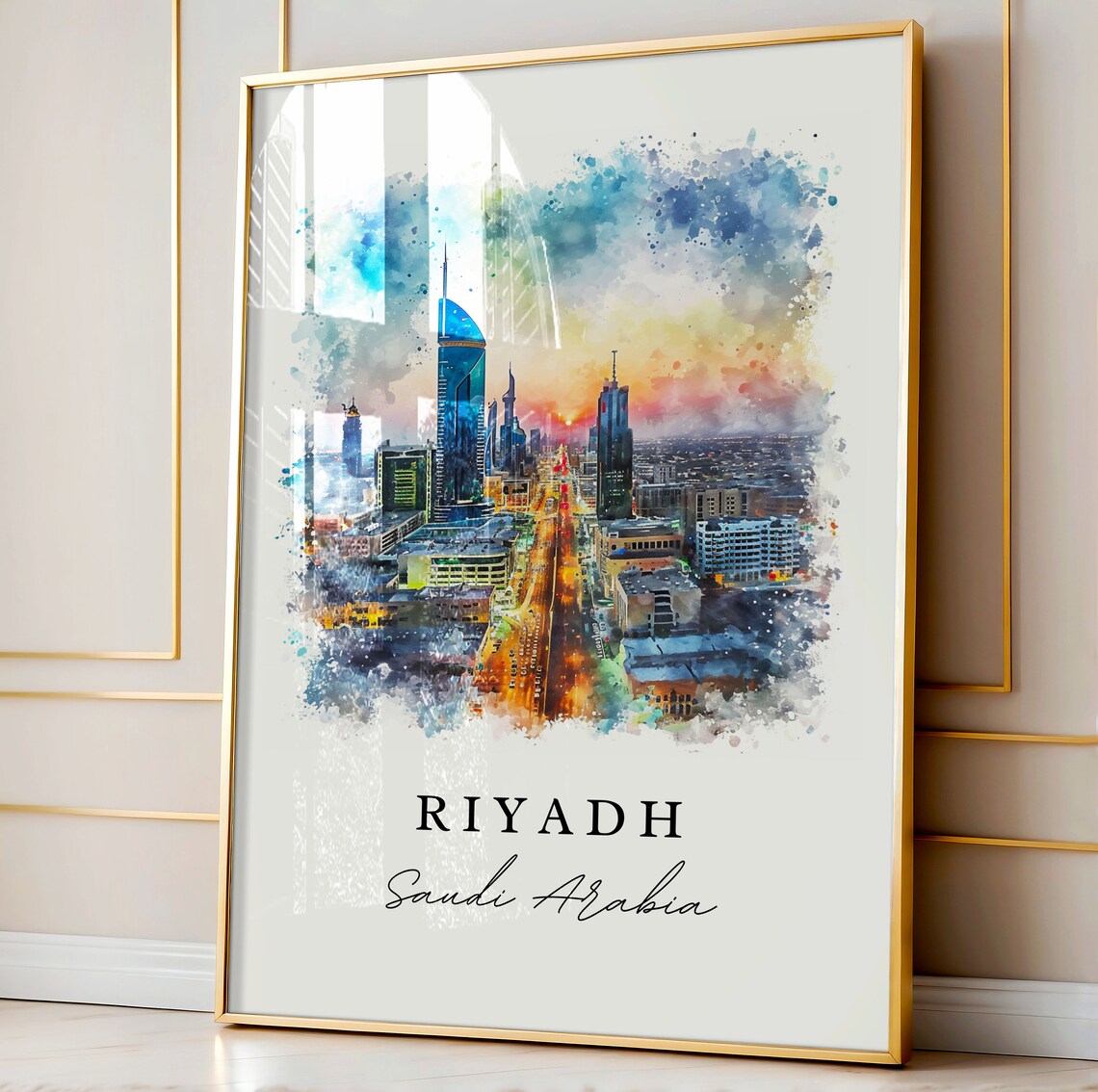 Riyadh Saudi Arabia Watercolor Sunset Skyline Kingdom Tower City Travel Poster - Image 4