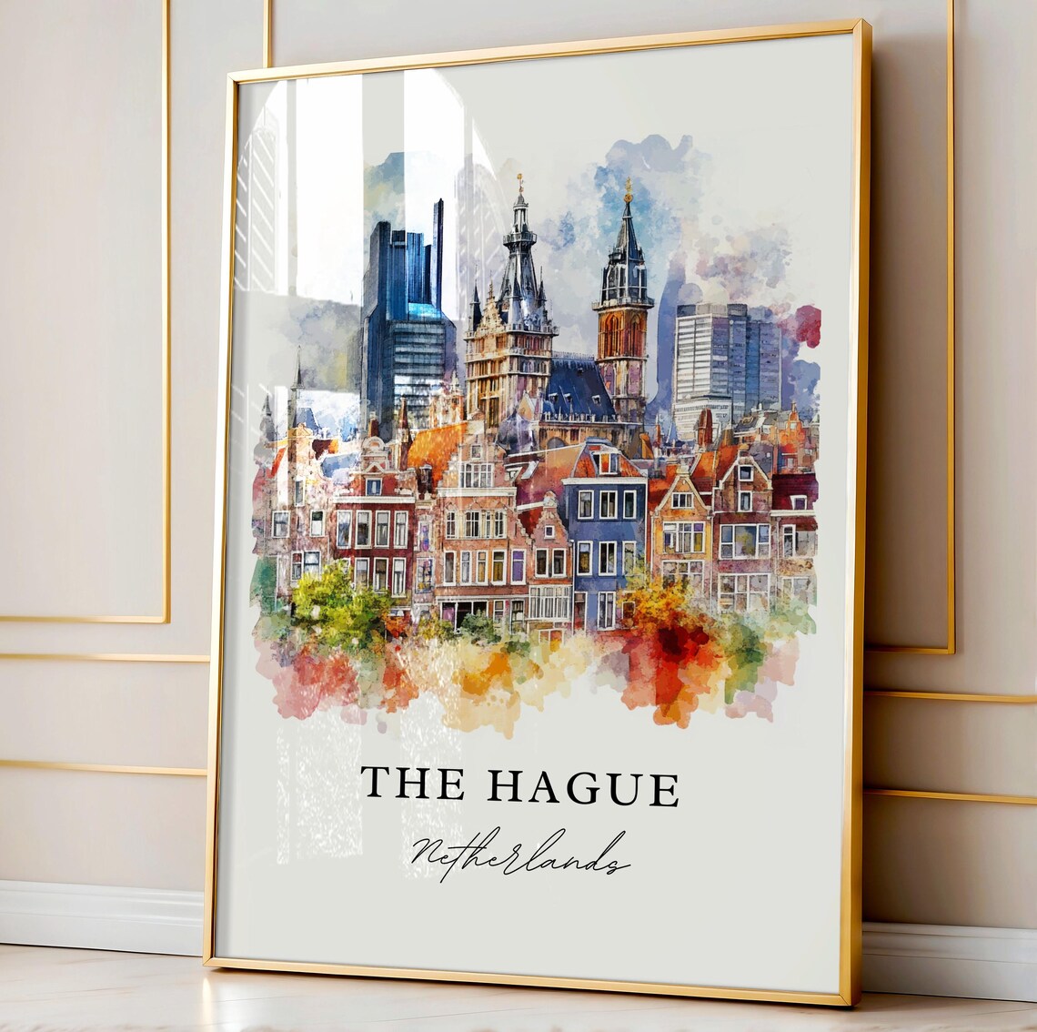 The Hague Netherlands Watercolor Colorful Canal Houses Towers Poster - Image 4