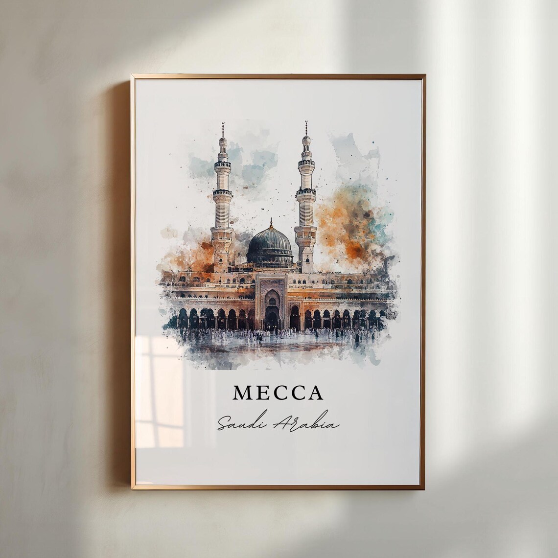 Mecca Saudi Arabia Watercolor Green Dome Mosque Prayer Art Poster
