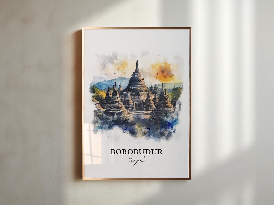 Borobudur Temple Indonesia Stone Stupas Watercolor Travel Poster - Image 4