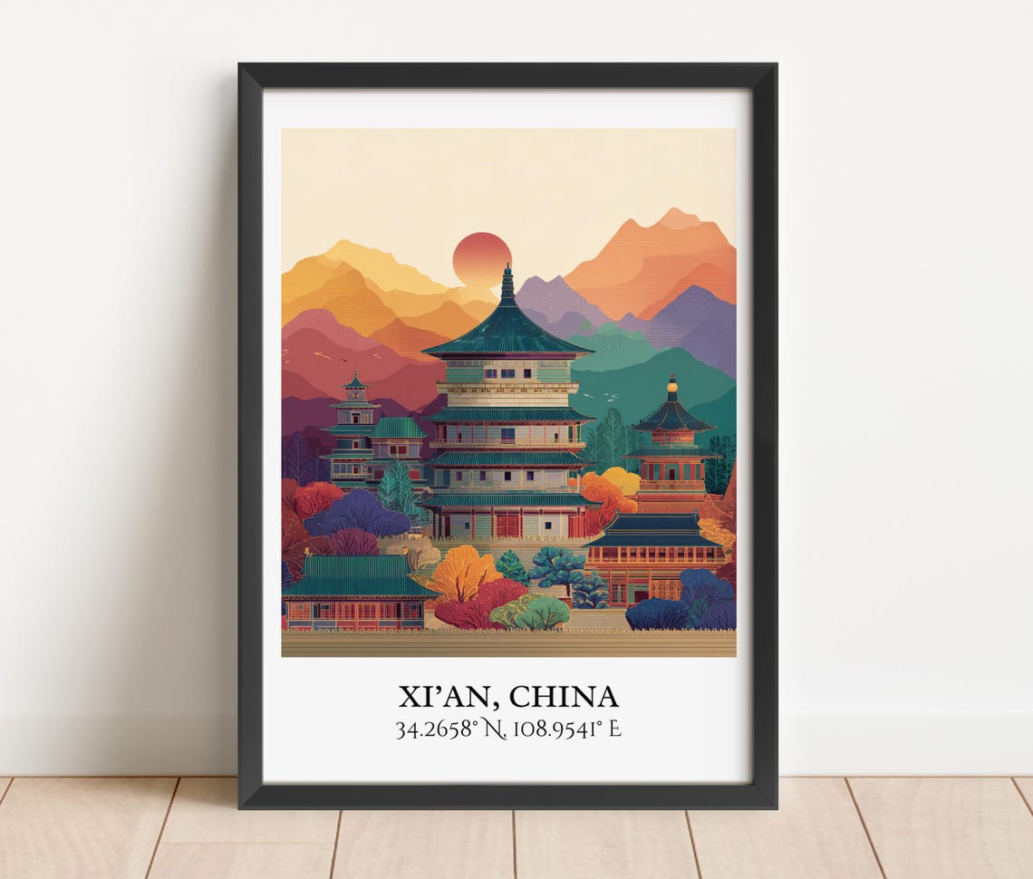 Xi'an China Ancient Pagoda Sunset Mountains Retro Travel Poster - Image 3