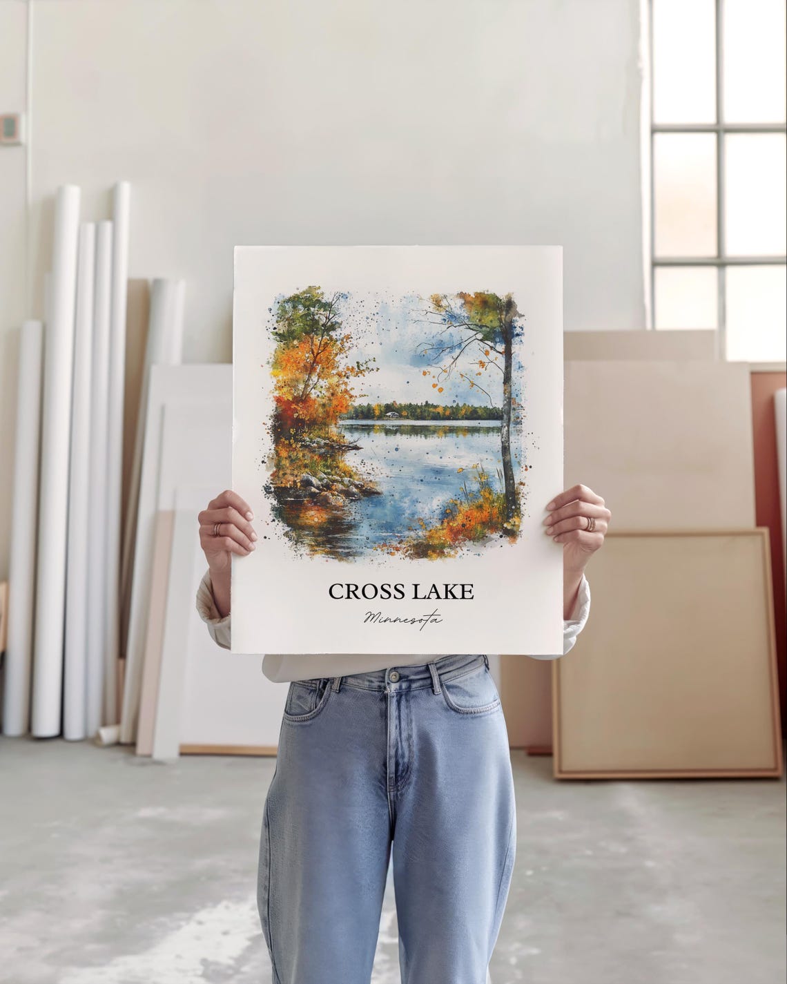Cross Lake Minnesota Autumn Shoreline Cabin View Watercolor Poster - Image 5