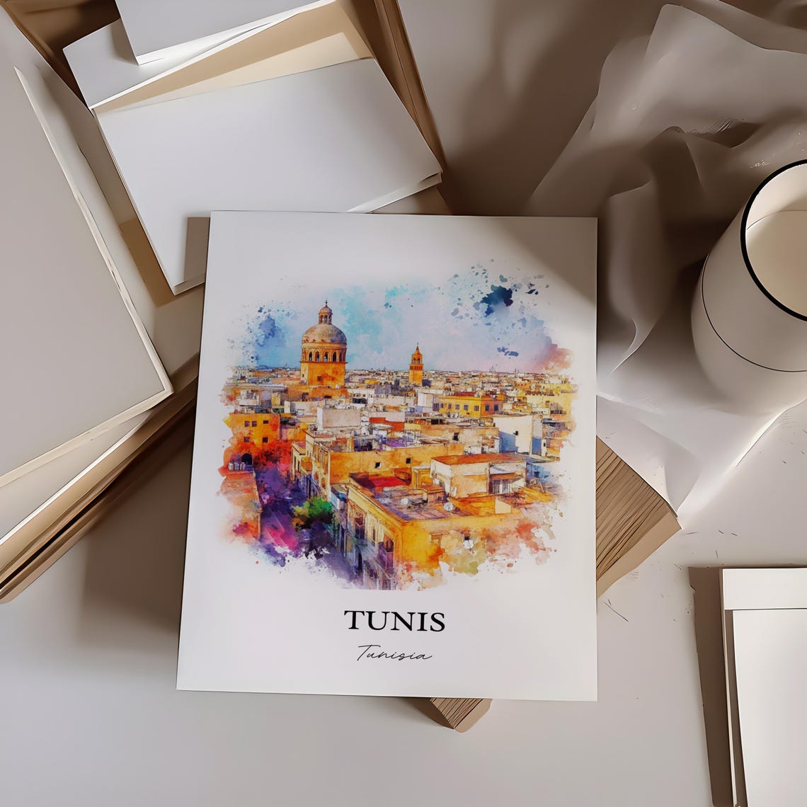 Tunis Tunisia Old Medina Dome Minaret Watercolor Travel Poster - Image 3