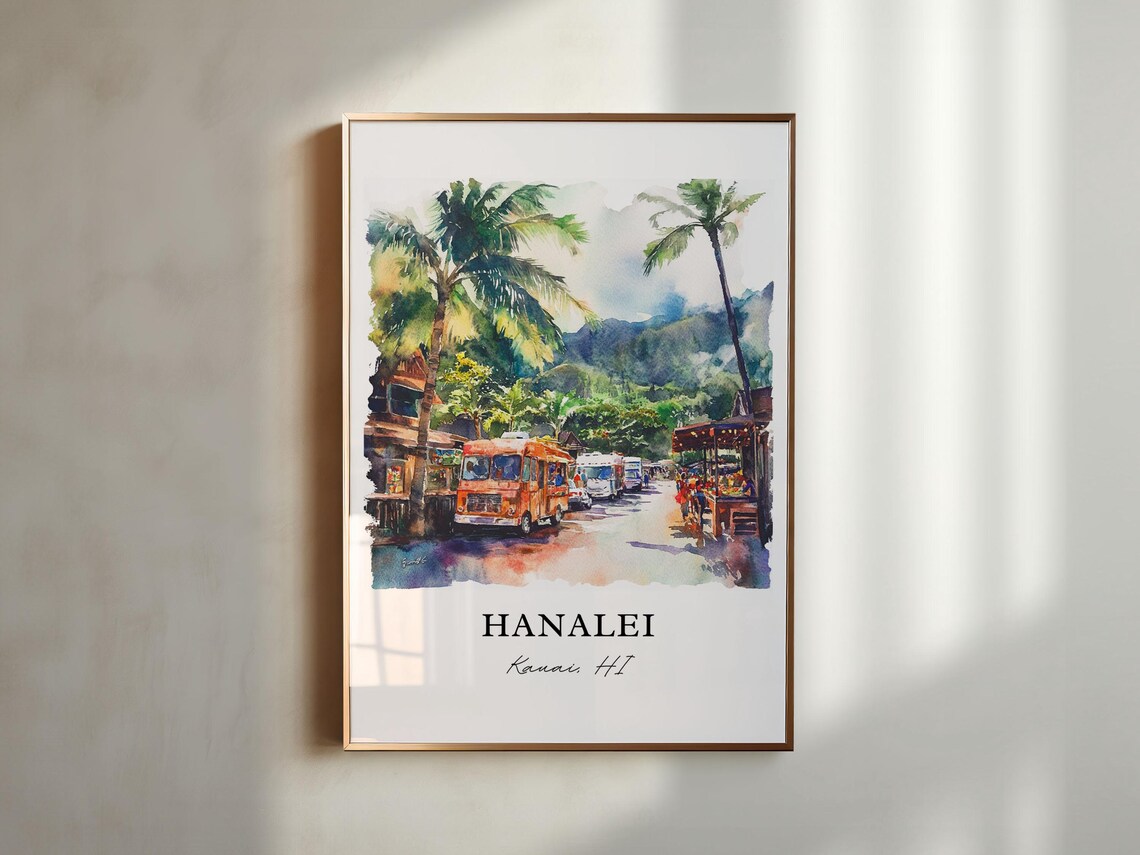 Hanalei Kauai Hawaii Palm Trees Street Watercolor Travel Poster