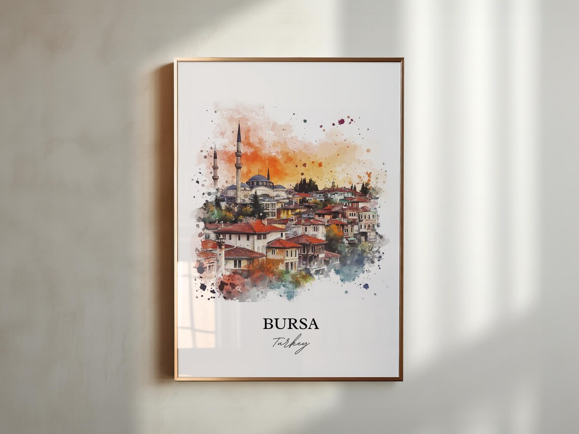 Bursa Turkey Watercolor Old Town Mosque Skyline Travel Poster - Image 6