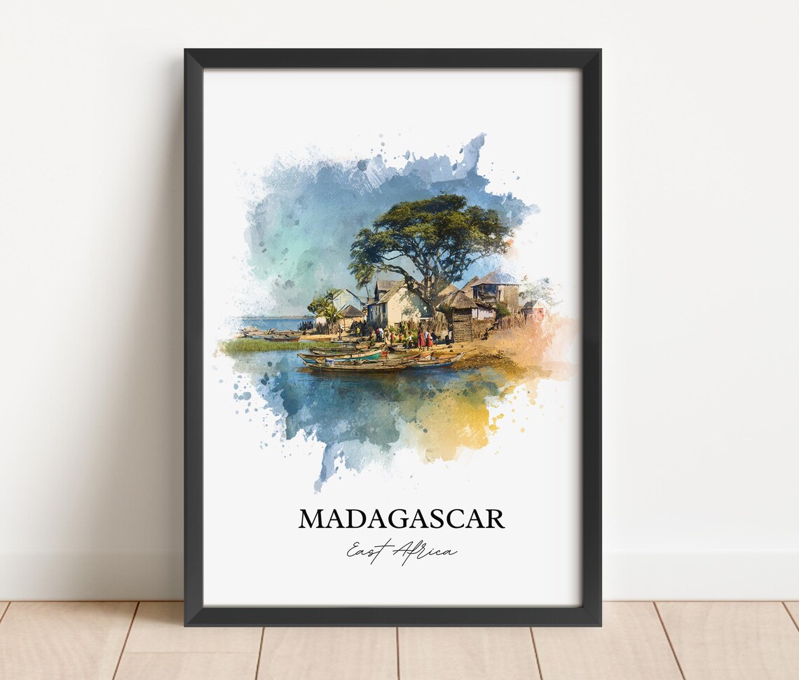 Madagascar East Africa Fishing Pirogue Village Watercolor Poster - Image 5