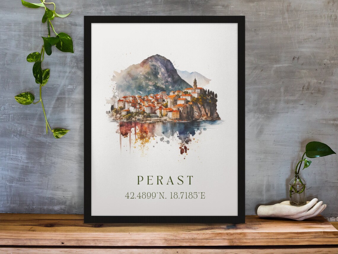 Perast Montenegro Old Bay Island Town Watercolor Travel Poster