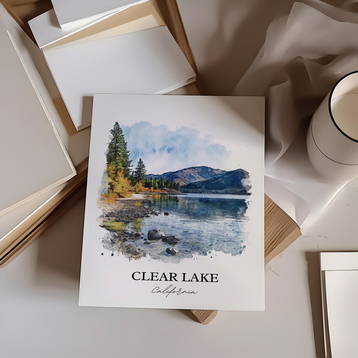Clear Lake California Rocky Shoreline Watercolor Lake Landscape Poster - Image 2