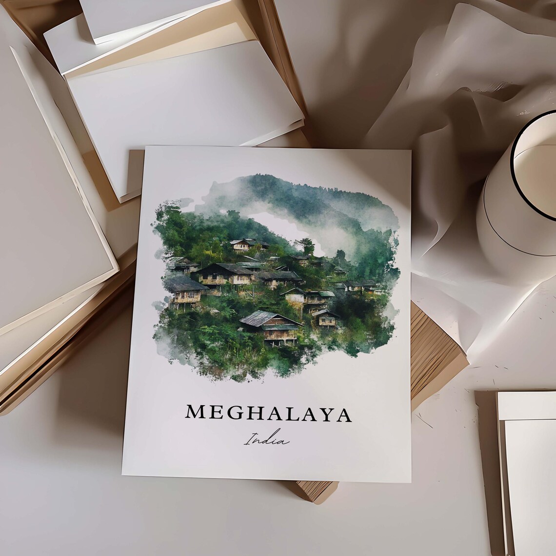 Meghalaya India Misty Mountain Village Green Hills Watercolor Poster - Image 2
