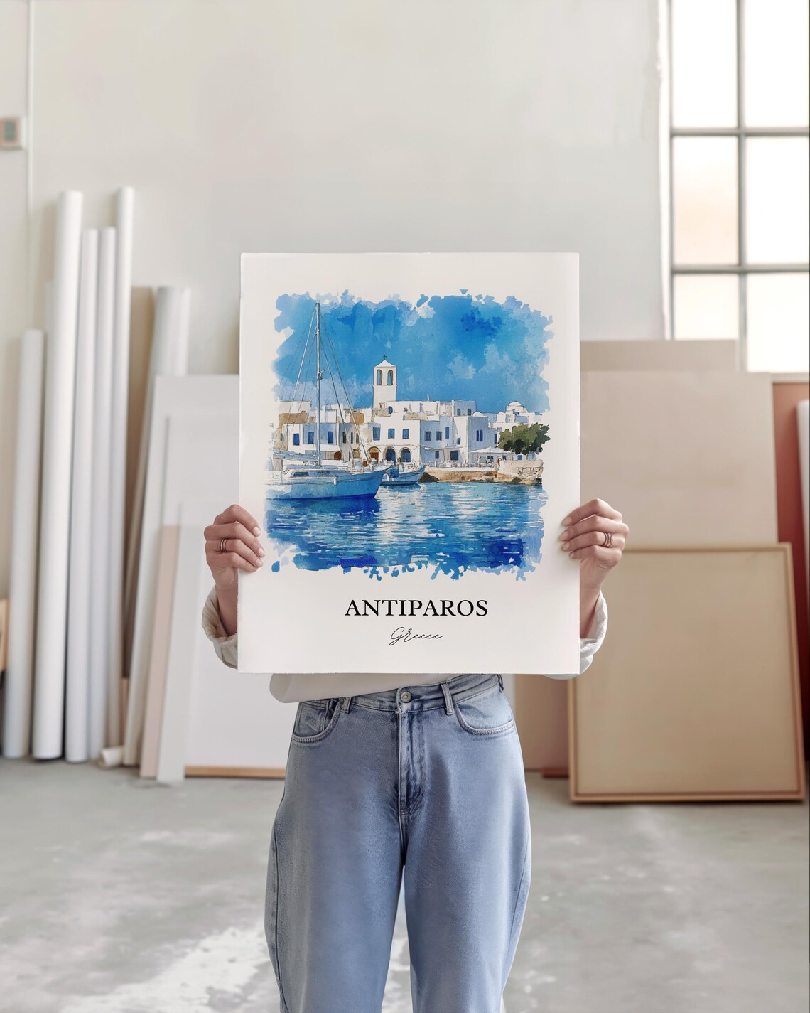 Antiparos Greece Cycladic Harbor Sailboats Watercolor Travel Poster - Image 5