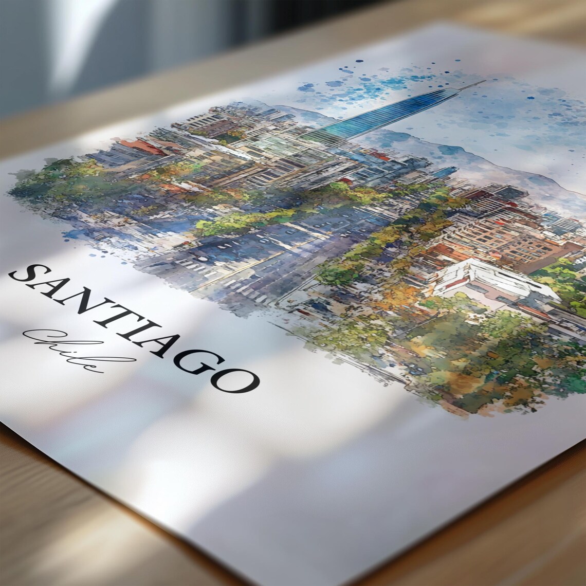 Santiago Chile Grand Avenue Andes Skyline Watercolor Travel Poster - Image 6