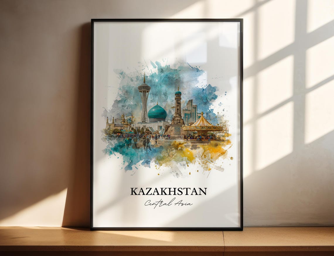 Kazakhstan Central Asia Watercolor Skyline Landmark Travel Poster