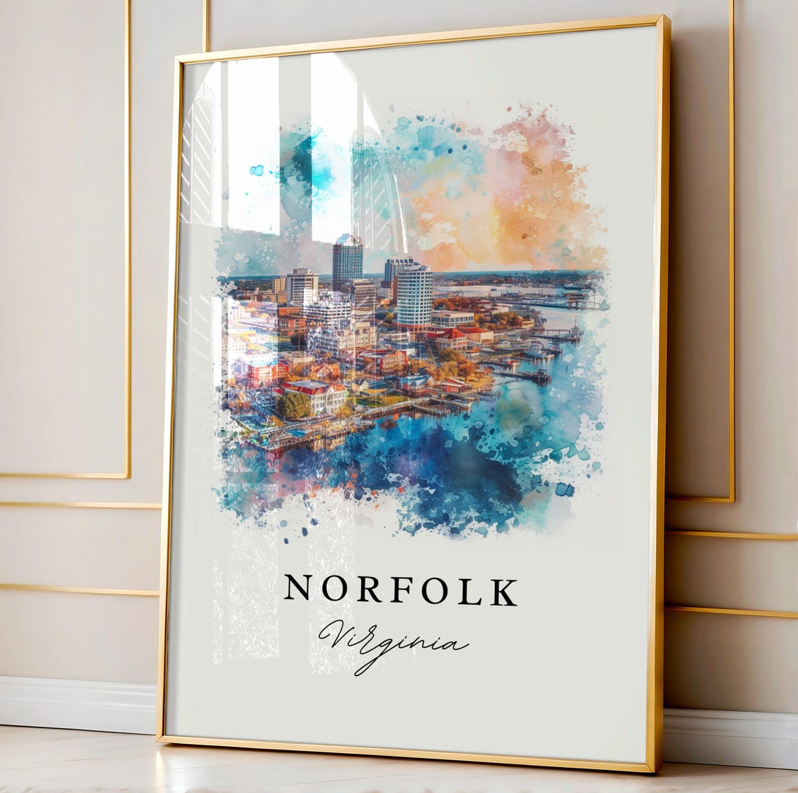 Norfolk Virginia Downtown Skyline Harbor Watercolor Art Poster - Image 4