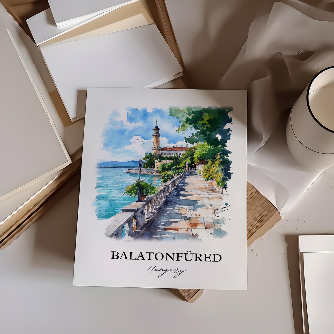 Balatonfured Hungary Watercolor Lake Promenade Balaton Shore Poster - Image 3