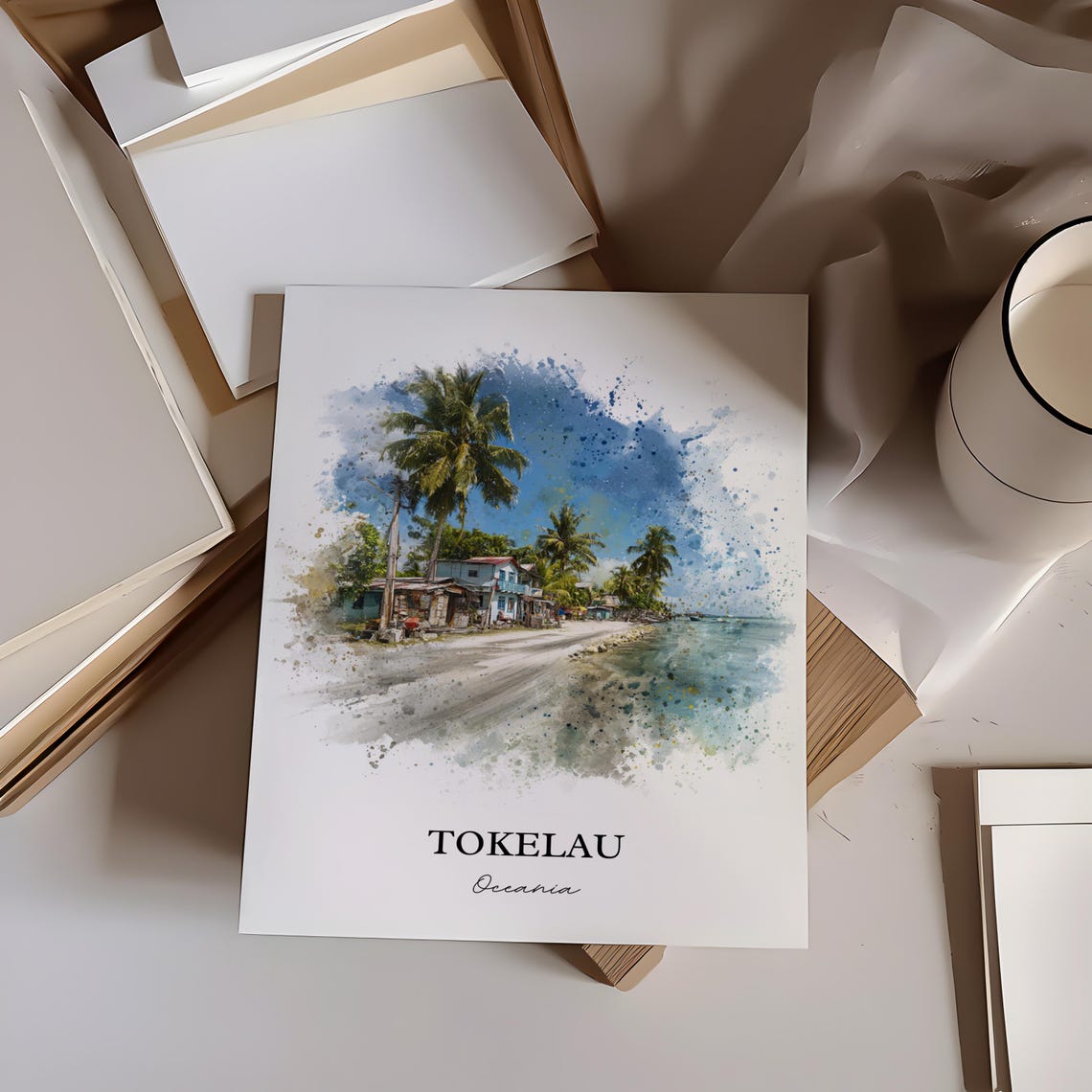 Tokelau Oceania Palm Trees Beachfront Watercolor Island Art Poster - Image 4