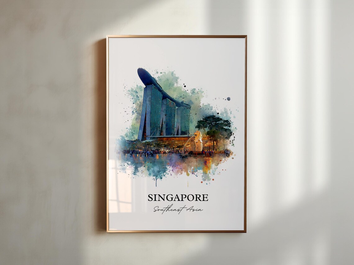 Singapore Watercolor Art Iconic Marina Bay Merlion Skyline Poster - Image 3