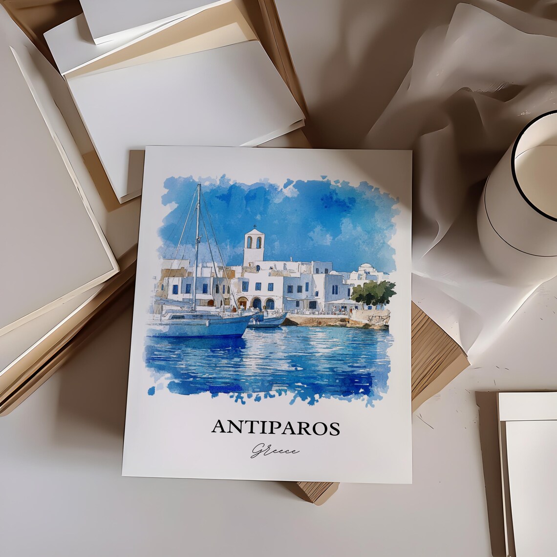 Antiparos Greece Cycladic Harbor Sailboats Watercolor Travel Poster - Image 4