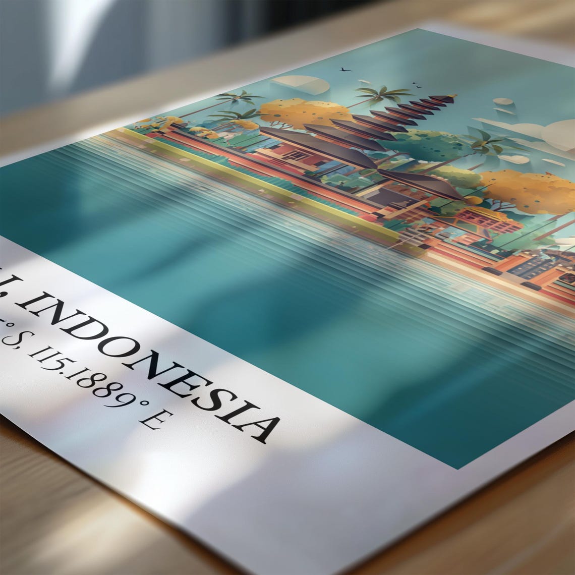 Bali Indonesia Lakeside Temple Pagoda Palms Retro Travel Art Poster - Image 6