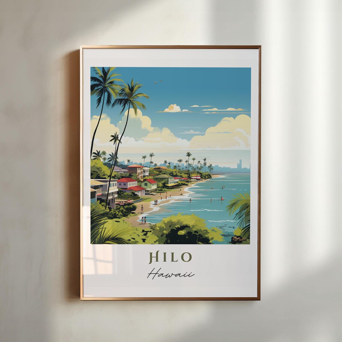 Hilo Hawaii Retro Beach Palm Trees Ocean Shore Travel Poster Art