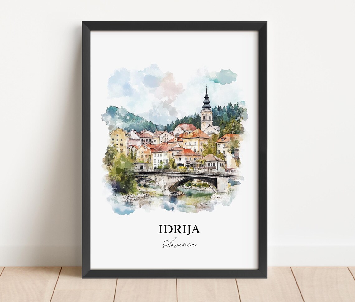 Idrija Slovenia River Bridge Church Tower Watercolor Old Town Poster - Image 2