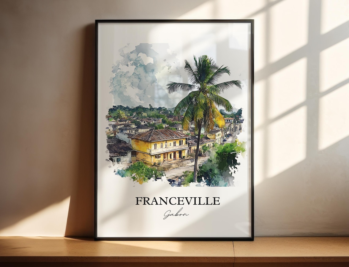 Franceville Gabon African Watercolor Town Palm Tree Art Poster