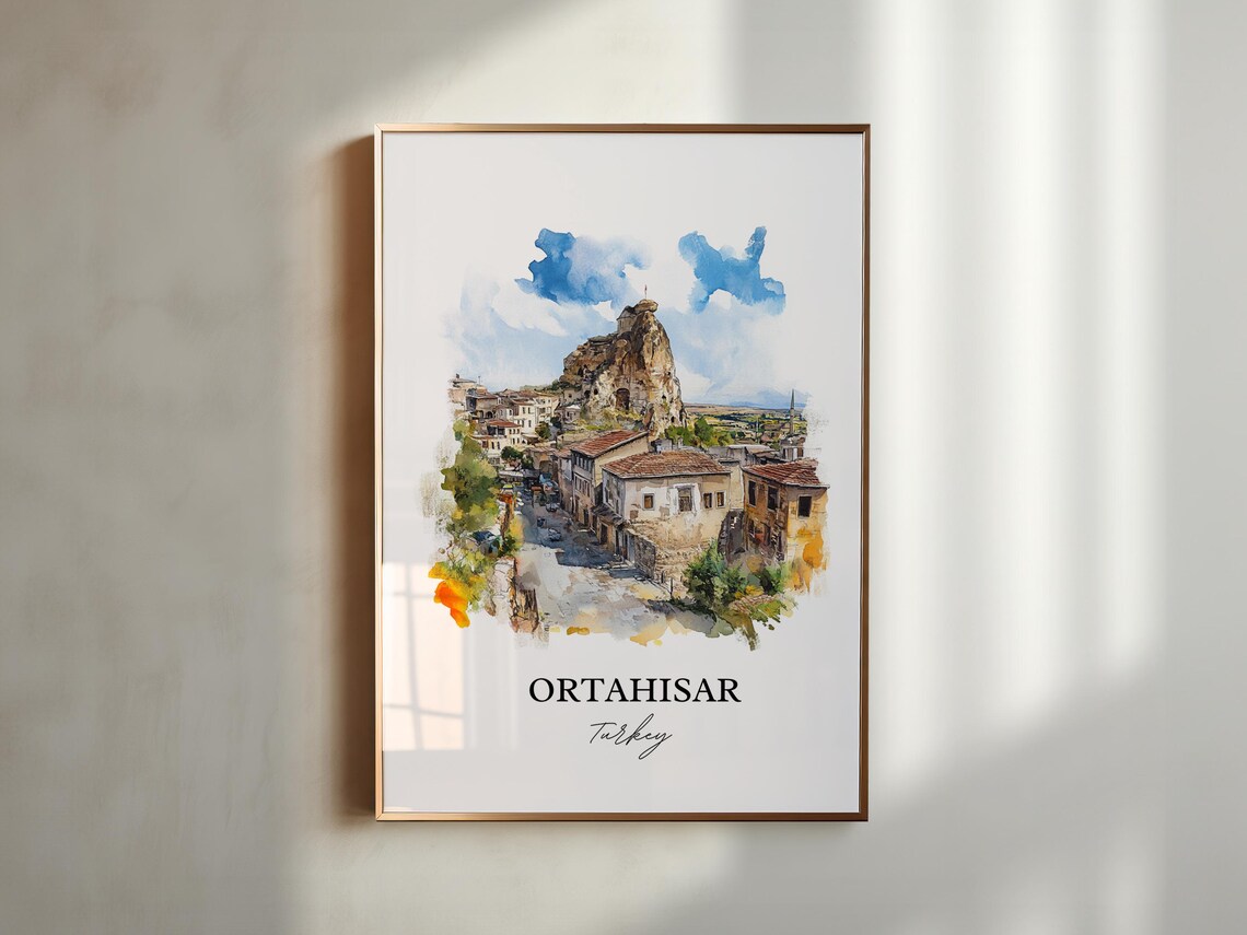 Ortahisar Turkey Watercolor Rock Castle Town Cappadocia Style Poster - Image 5