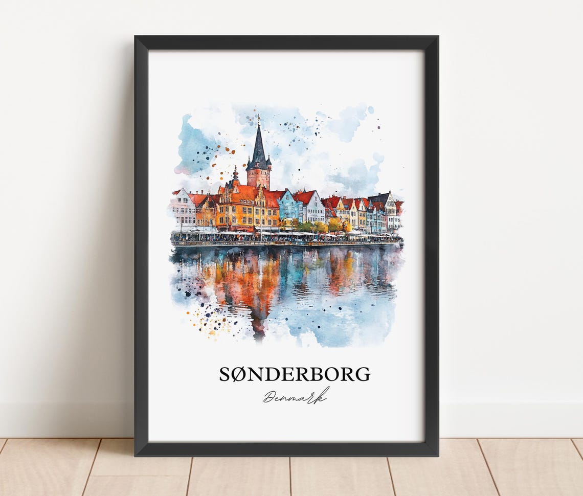 Sonderborg Denmark Harbor Church Spire Reflection Watercolor Poster - Image 2