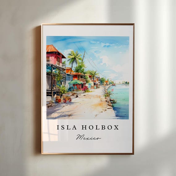 Isla Holbox Traditional Travel Art Mexico Poster Print Wedding Gift Birthday Present Custom Text Perfect