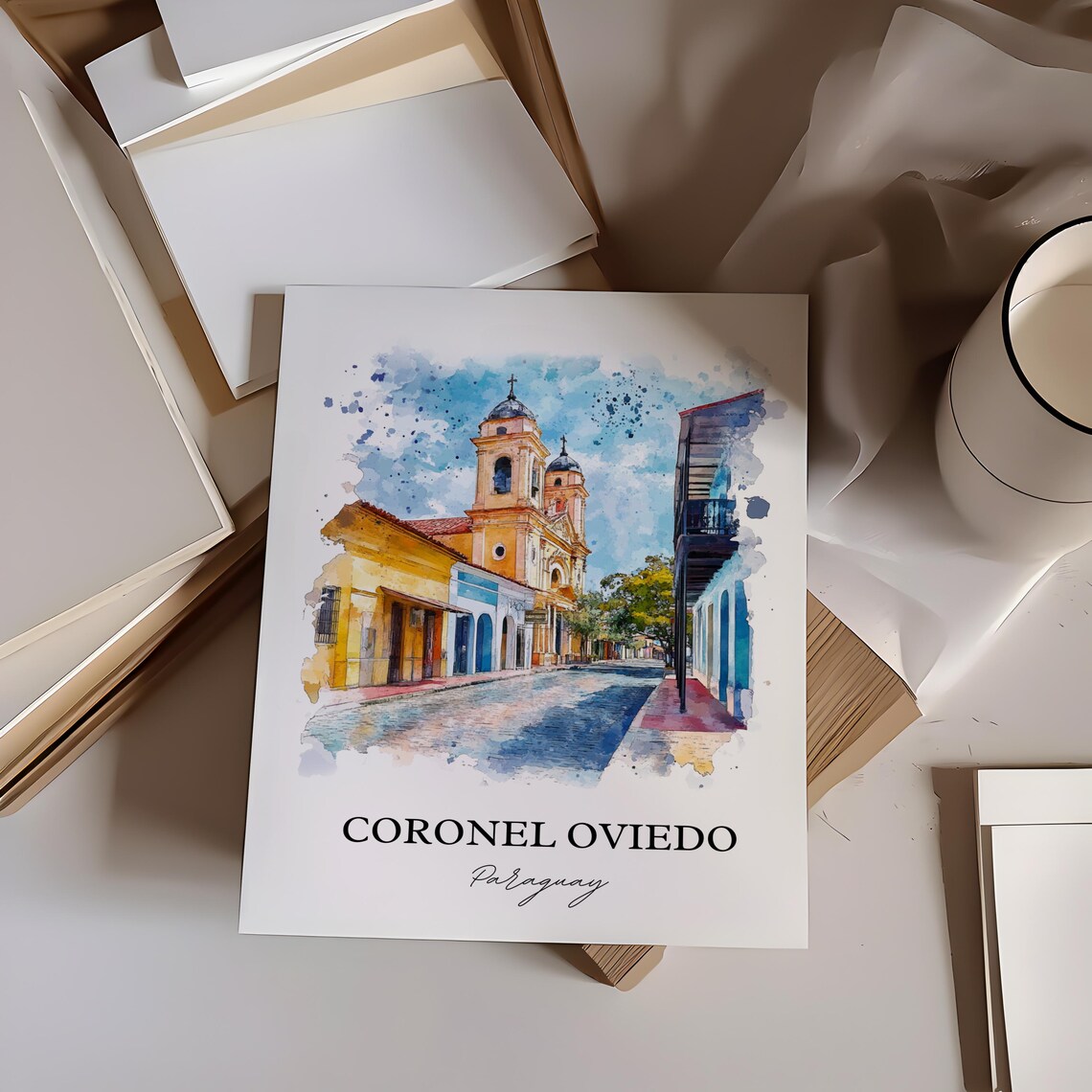 Coronel Oviedo Paraguay Watercolor Church Colonial Street Poster - Image 2