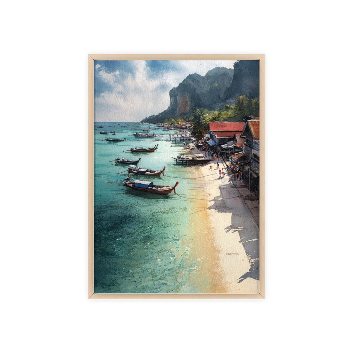 Tropical Beach Longtail Boats Stilt Houses Watercolor Seascape Poster