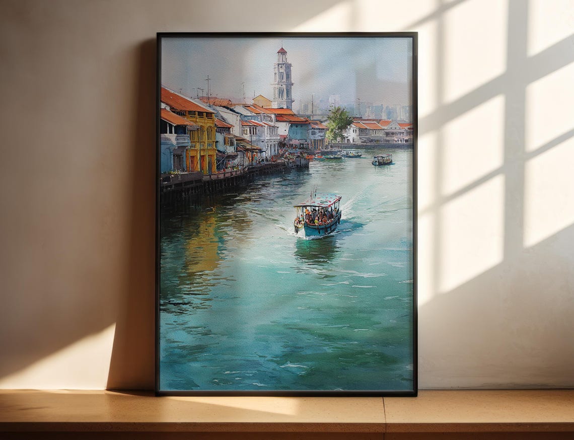 Colorful River Town Watercolor Boat Shophouses Riverside Scene Poster