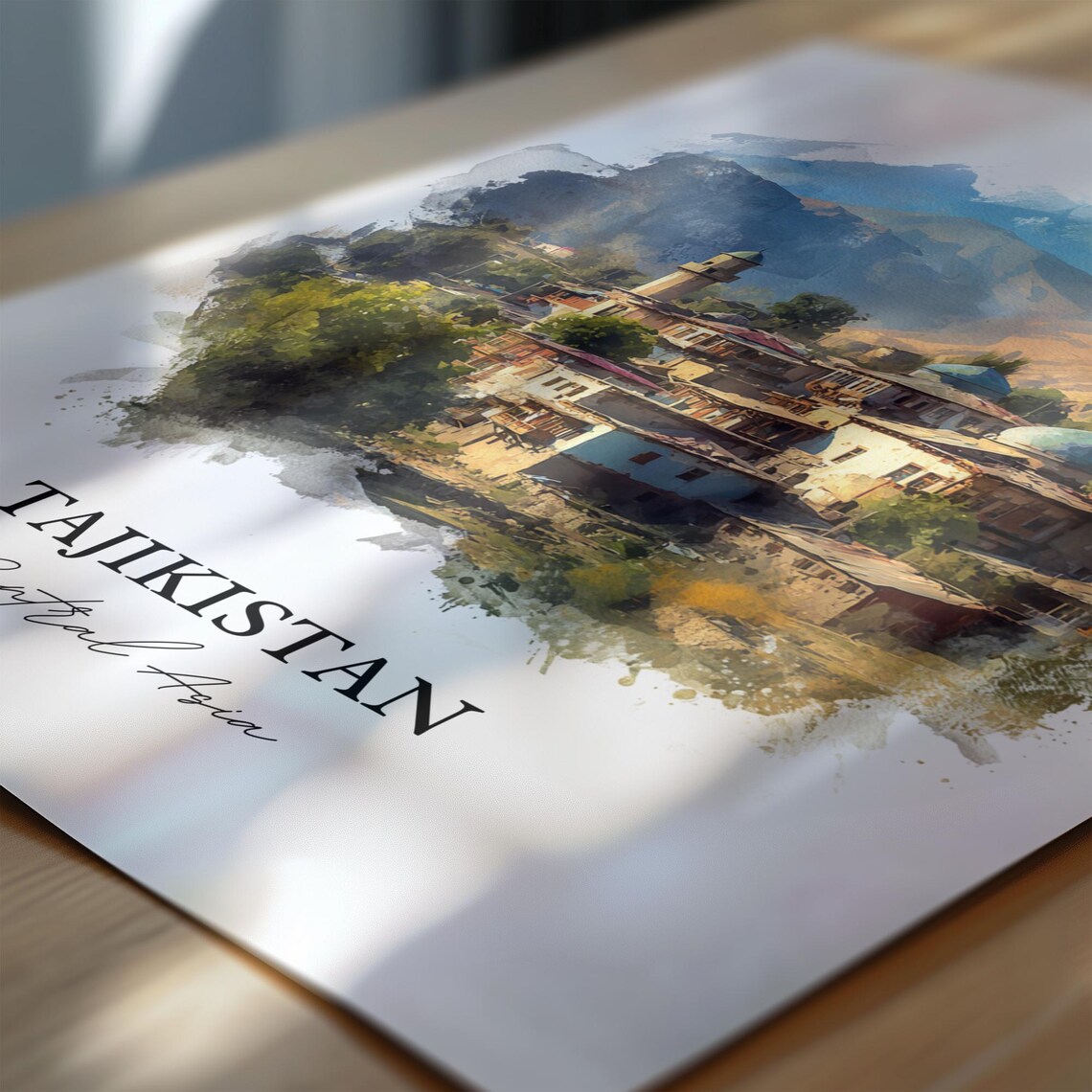 Tajikistan Central Asia Watercolor Art Mountain Village Mosque Poster - Image 6
